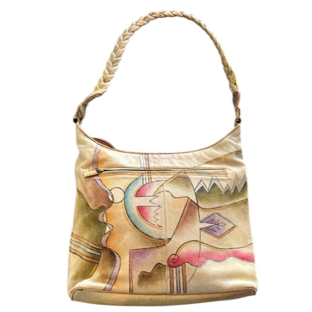 Vintage Handpainted Leather Manifique Hobo Bag with Braided Shoulder Strap